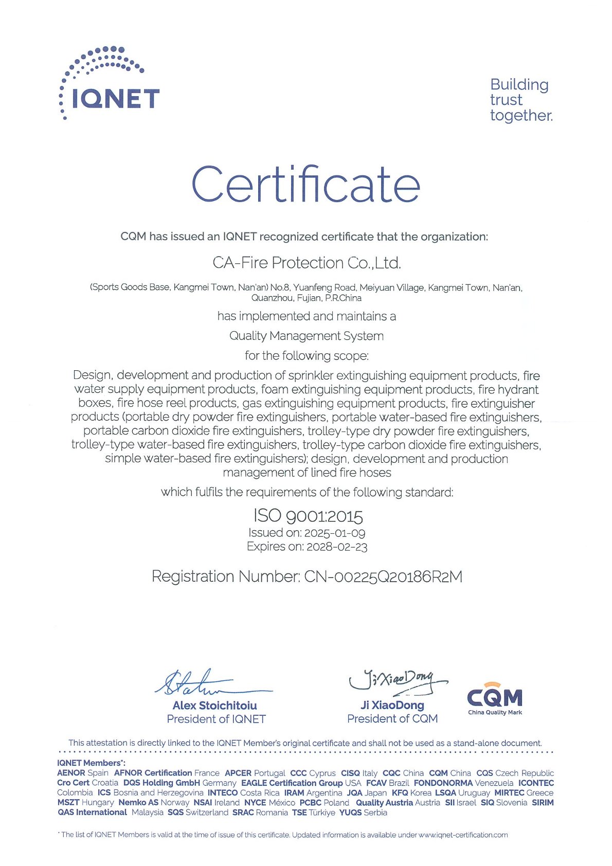 ISO 9001 Certificate CA-FIRE