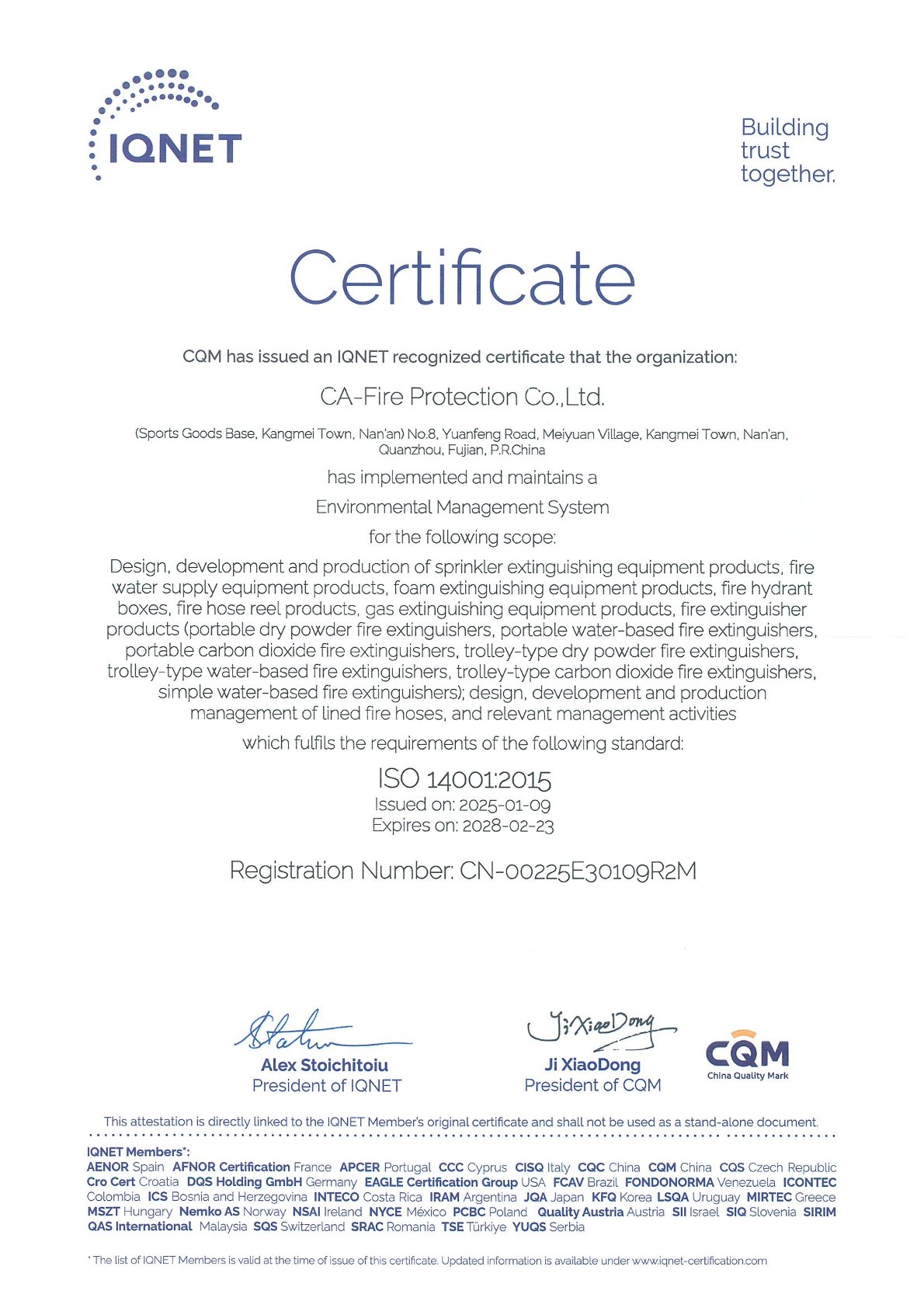 ISO 14001 Certificate CA-FIRE
