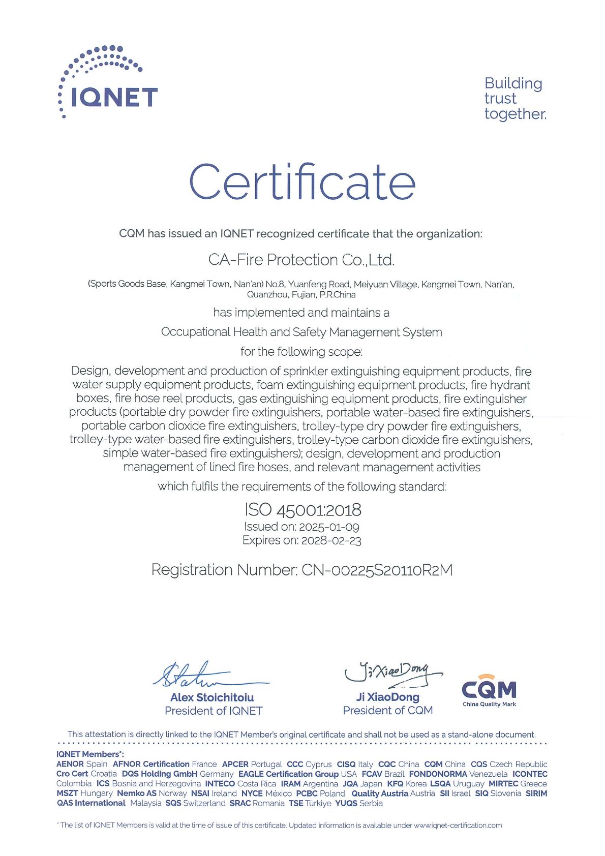 ISO 45001 Certificate CA-FIRE