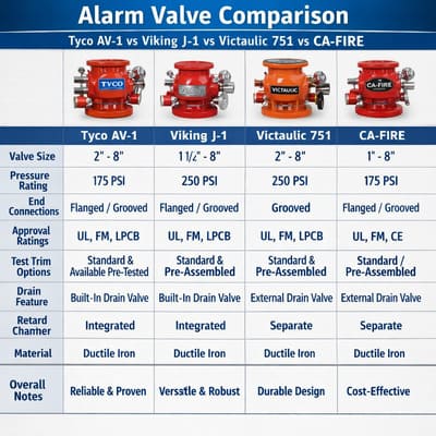Alarm Valve Tyco AV-1 vs Viking J-1 vs Victaulic 751 vs CA-FIRE — Full Comparison
