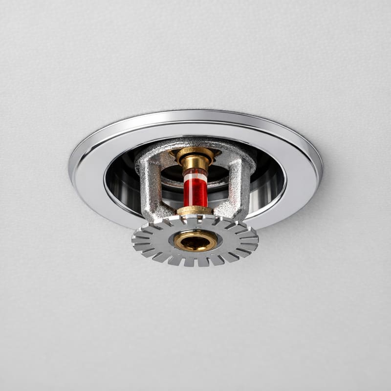 Recessed fire sprinkler head with escutcheon plate partially embedded in ceiling