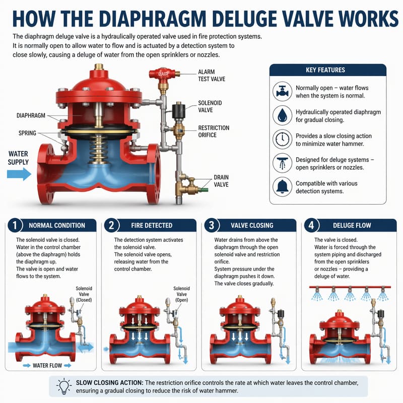 How the diaphragm deluge valve works — internal structure showing EPDM diaphragm, control chamber and flow path